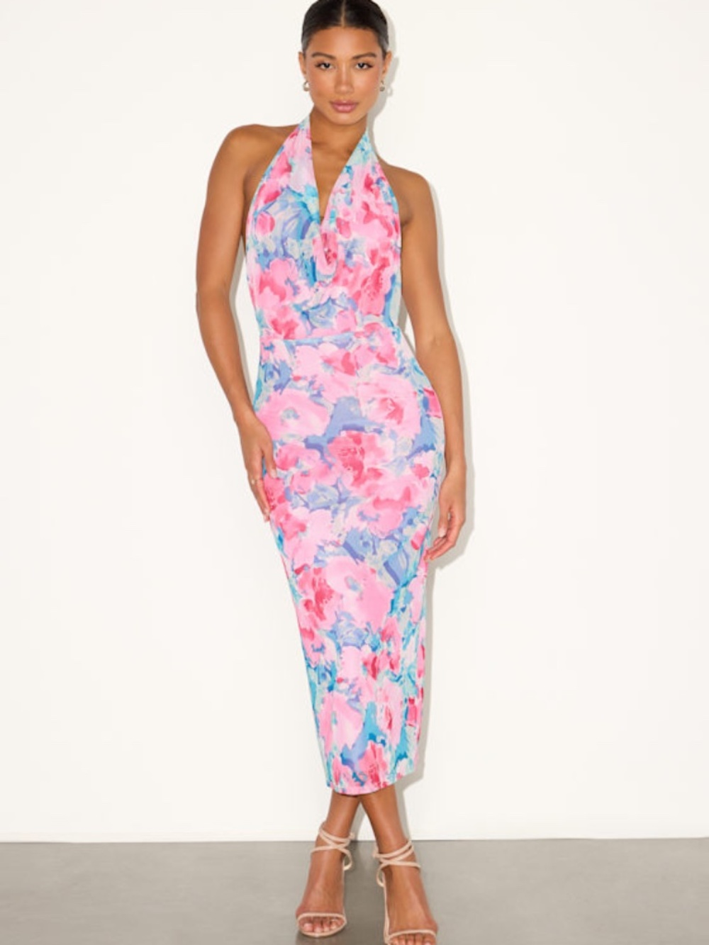 Lulus Venus Teal And Pink Floral Mesh Backless Midi Dress Blue - Size M